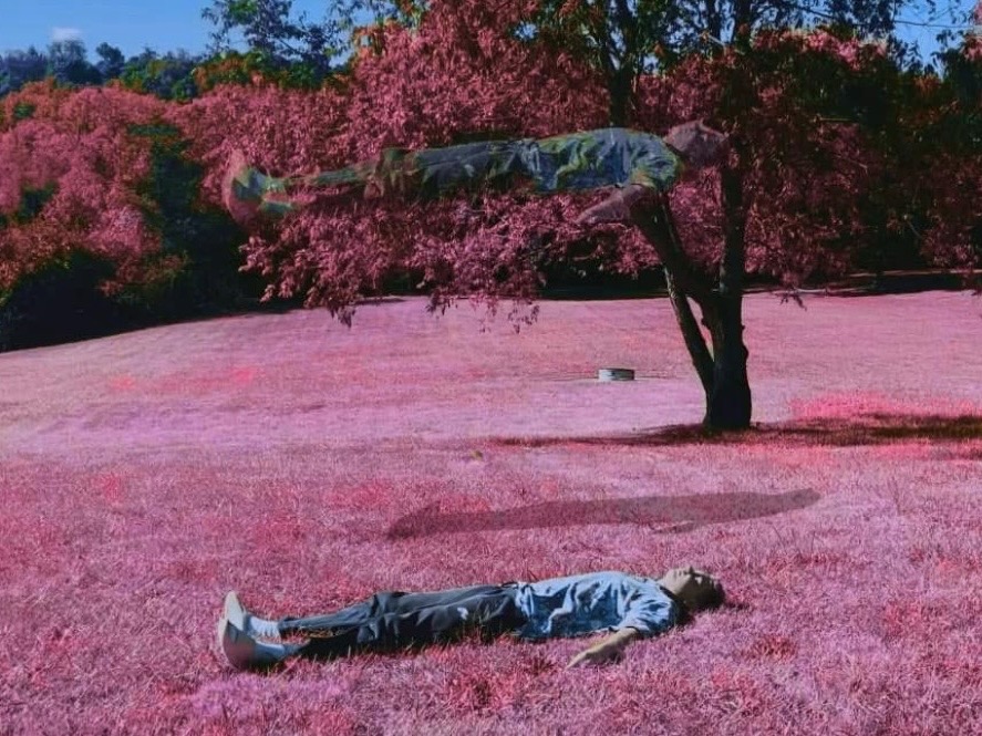 Figure lying in an infrared-pink field beneath a floating double